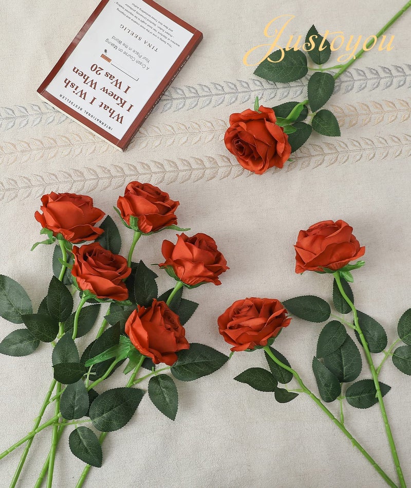 JUSTOYOU 10Pcs Artificial Roses Flowers, Realistic Blossom Roses, Real Touch Silk Rose, Single Fake Flower Long Stem Bouquets for Home Wedding Party Decoration - Image 2